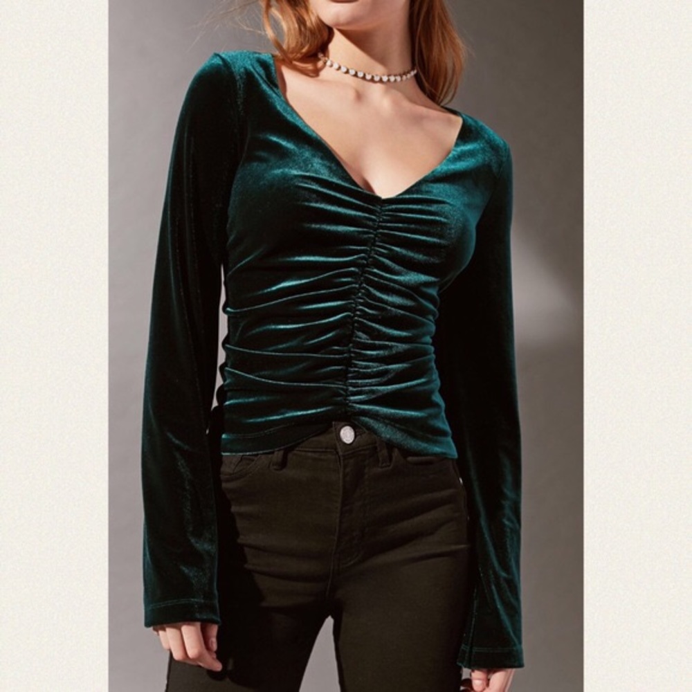 UO Marie Green Cinched V-Neck Velvet Top